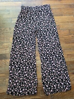 Girls' Black Floral Wide-Leg Casual Pants - Pink Flower Print
